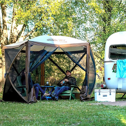 CLAM Pop Up Screen Tent, Outdoor Camping Gazebo Canopy, Adventure with Wind Panels, 9' x 9', Brown