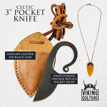 2-Piece Viking knife Set - 10.3" Wolf-Head Viking Knife with 6.5" Blade & Leather Sheath - 3" Celtic Pocket Knife with Necklace Case - Sharp Hand-Forged Real Carbon Steel
