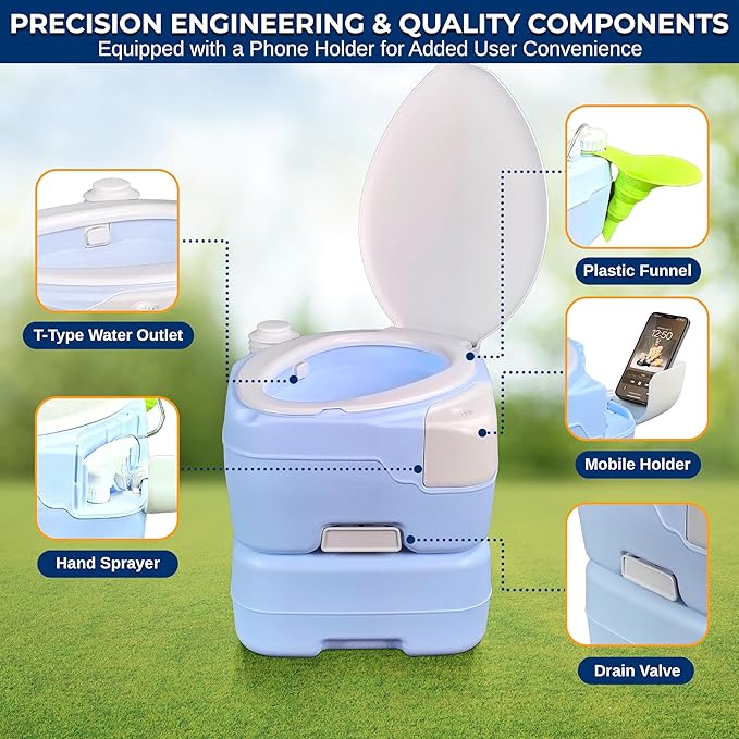 SereneLife 15L Portable Camping Toilet, 120 Flushes, Leak-Proof, Made From Durable PE Material, Detachable Waste Tank with Hand Sprayer and Phone Holder, Ideal for On-the-Go Recreational Activities