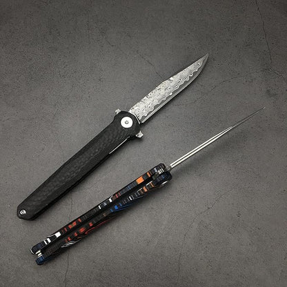 HUAAO Damascus Pocket Knife with Sheath, Gentleman Knife ceo Knife with 2.9’’ Damascus Blade, Carbon Fiber Handle, Liner Lock, Flipper Knife for EDC Outdoor Camping(black)