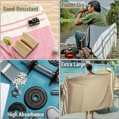 2 Oversize Cotton Travel Towel Pack Quick Dry Camping Pool Hiking Compact Vacuum Sealed Lightweight Absorbent Turkish Beach Blanket Pool Swim Camp (Turquoise Blue and Silver Gray)