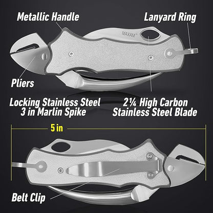 Maxam Sailor's Tool, a Powerful Multi-Use Sailor's Knife, Ideal for Boating, Fishing, or Sailing, Silver