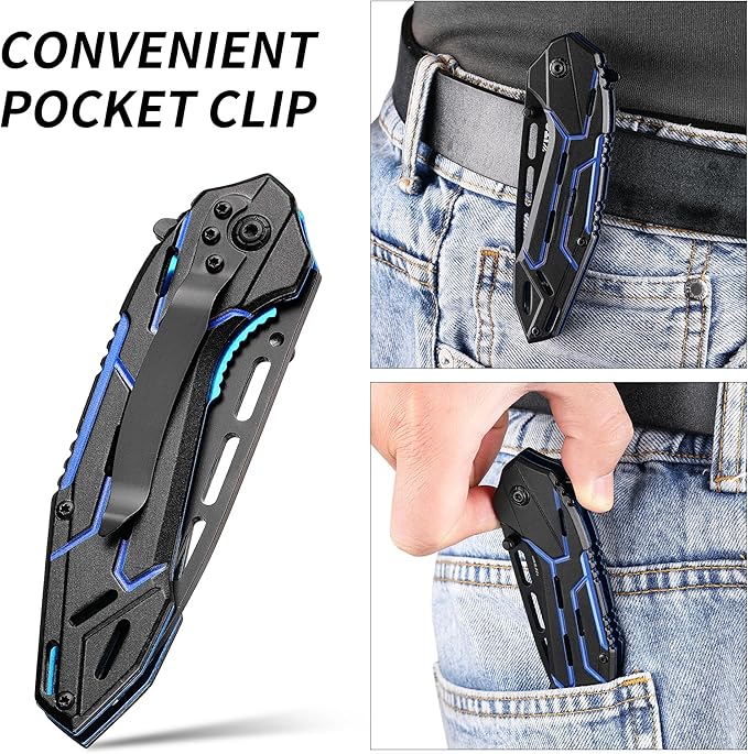 3.3" Pocket Knife, Folding Knife, 8Cr15MoV Stainless Steels Blade, Aluminum Alloy Handle, Blue Devil Design, 2024 Outdoor Gadget Gift