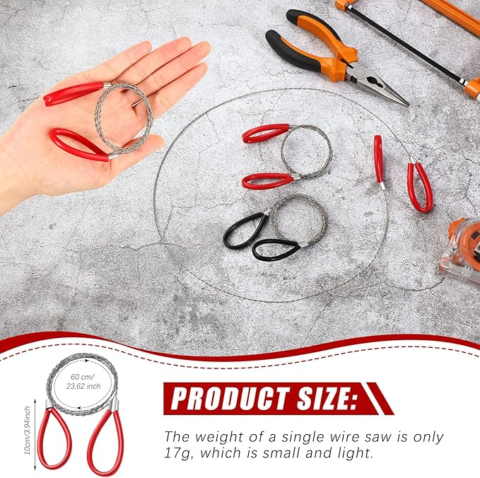 2 Pcs PVC Pipe Cable Saw Stainless Steel Wire Saw Hand Pocket String Rope Saw Emergency Survival Wire Saw PVC Pipe Cutting Tool for Wood Camping Hiking Hunting, Red, Black, 23.62 Inch