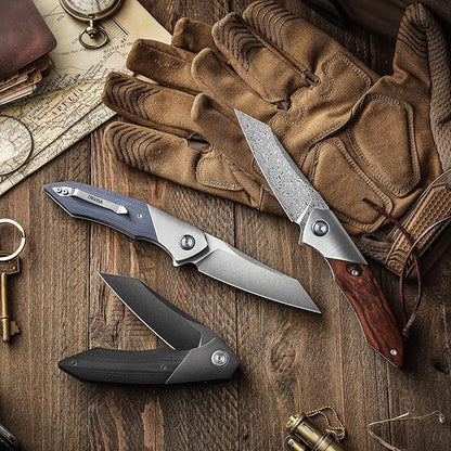 3.5" Damascus EDC Folding Pocket Knife with Clip for Men, Handmade Leather Sheath for Belt，Steel Bolster & Ironwood Handle,Ball Bearings Pivot,Everyday Carry Outdoor,Vul-01