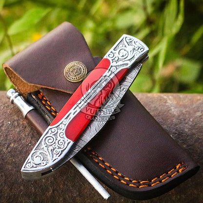 3Pcs Damascus Steel Pocket Knife with Clip and Leather Sheath - EDC Knife for Outdoor and Camping Activities, Handmade Folding Knife, Free knife Sharpner (Vulture Red Eye)