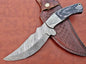 11.5" Long Hand Forged Damascus Steel Trailing Point Full Tang Blade Skinning Knife, 2 Tone Black Dollar Wood Scale with Damascus Bolster, Cow Hide Leather Sheath Included