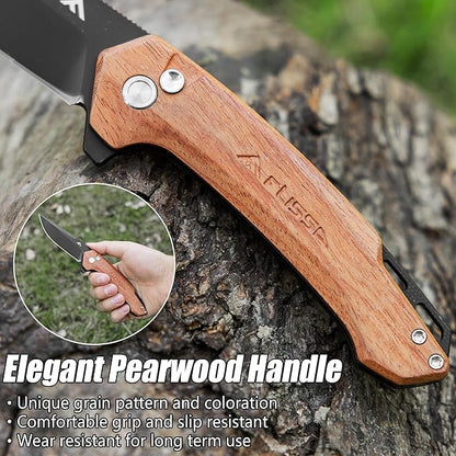 FLISSA Pocket Folding Knife, 3.2” D2 Blade Wood Handle EDC Knife with Button Lock and Pocket Clip for Hunting, Camping, Survival, Outdoor Activities