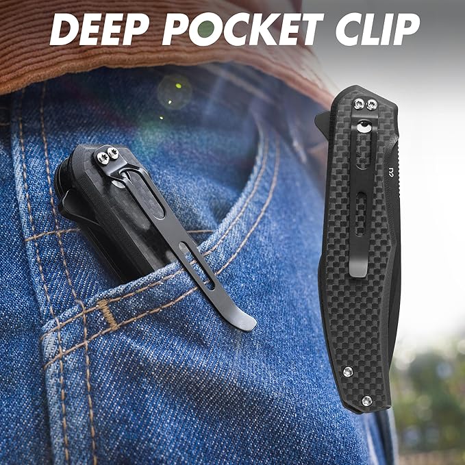 FLISSA Folding Pocket Knife, 4.5" Carbon Fiber Handle EDC Knife with D2 Steel Blade, Button Lock and Pocket Clip, Tactical Knives for Men Women, Uesd for Outdoor, Survival, Hunting and Camping