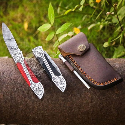 3Pcs Damascus Steel Pocket Knife with Clip and Leather Sheath - EDC Knife for Outdoor and Camping Activities, Handmade Folding Knife, Free knife Sharpner (Vulture Red Eye)
