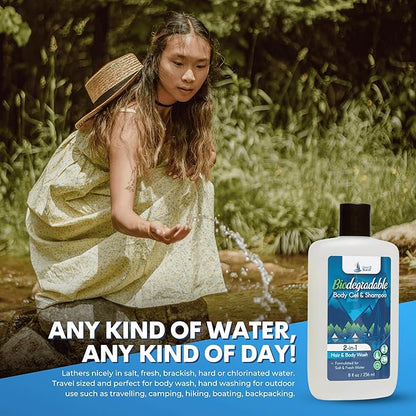 Biodegradable Camping Companion - Organic Fragrance-Free Body Wash and Shampoo for Fresh & Salt Water, Travel Size, Forumalted for Nature