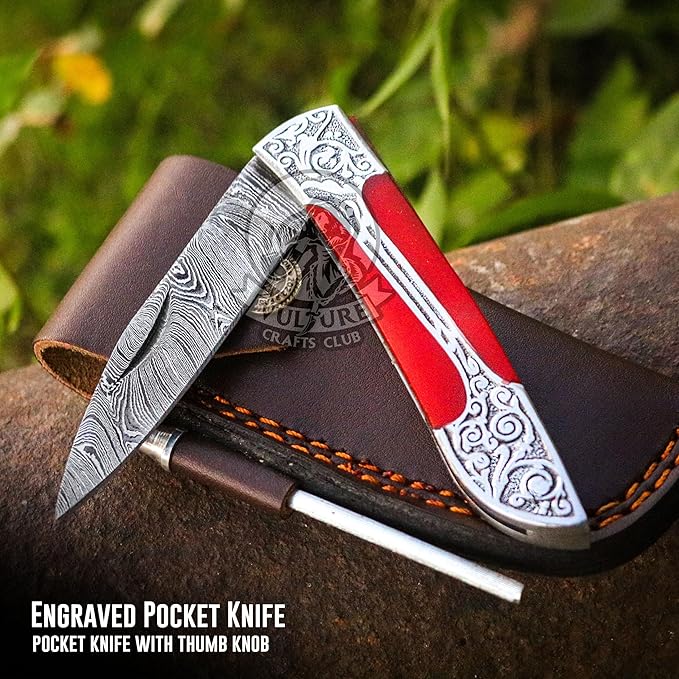 3Pcs Damascus Steel Pocket Knife with Clip and Leather Sheath - EDC Knife for Outdoor and Camping Activities, Handmade Folding Knife, Free knife Sharpner (Vulture Red Eye)