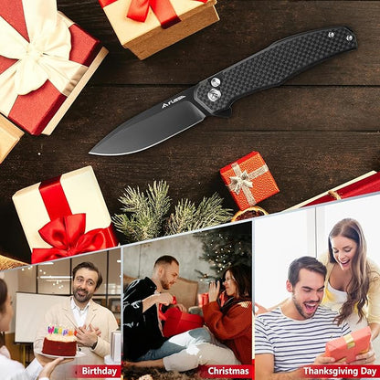FLISSA Folding Pocket Knife, 4.5" Carbon Fiber Handle EDC Knife with D2 Steel Blade, Button Lock and Pocket Clip, Tactical Knives for Men Women, Uesd for Outdoor, Survival, Hunting and Camping