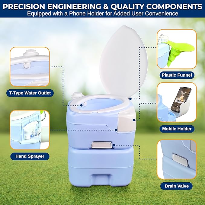 SereneLife 20L Portable Camping Toilet, 120 Flushes, Leak-Proof, Made from Durable PE Material, Detachable Waste Tank with Hand Sprayer and Phone Holder, Ideal for On-the-Go Recreational Activities
