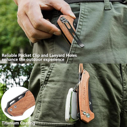 FLISSA Pocket Folding Knife, 3.2” D2 Blade Wood Handle EDC Knife with Button Lock and Pocket Clip for Hunting, Camping, Survival, Outdoor Activities