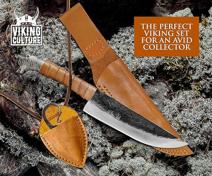 2-Piece Viking knife Set - 10.3" Wolf-Head Viking Knife with 6.5" Blade & Leather Sheath - 3" Celtic Pocket Knife with Necklace Case - Sharp Hand-Forged Real Carbon Steel